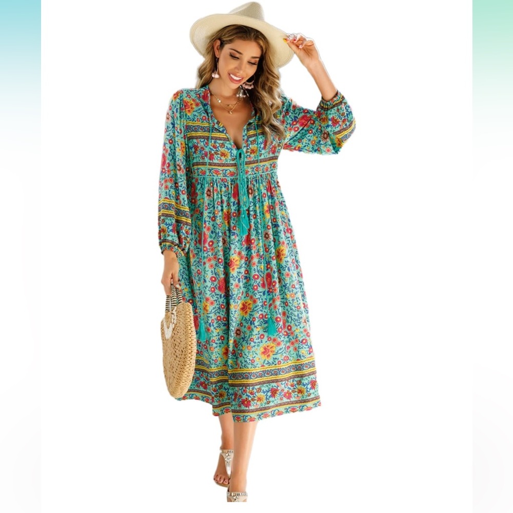 R. Vivimos Women's Long Sleeve Floral Print Retro V Neck Tassel Boho Midi Dress